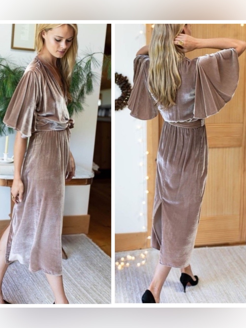 Emerson Fry NEW Lila Velvet Silk Plunge Tie Waist Midi Dress Chestnut Brown S